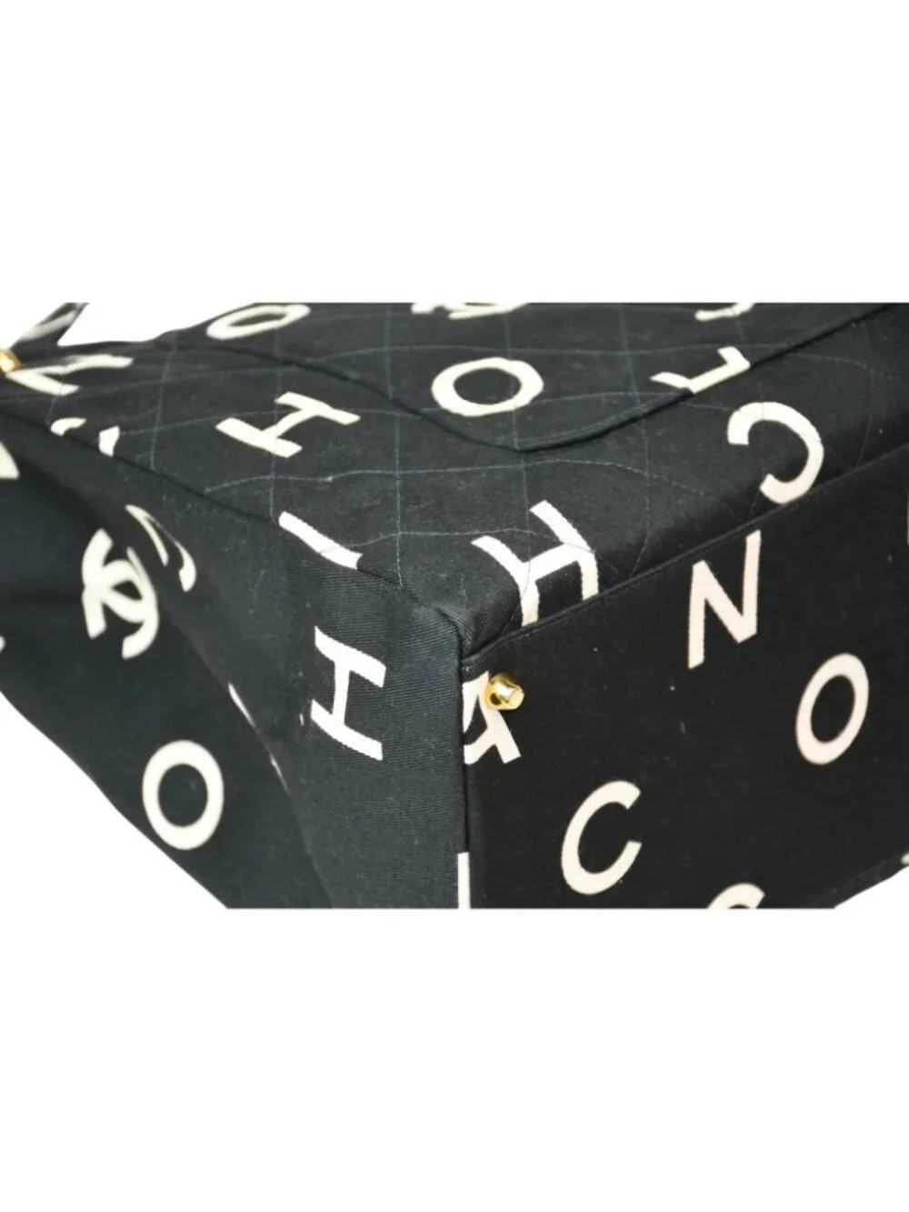 Chanel Handbag Quilted Black White Cotton Canvas Gold